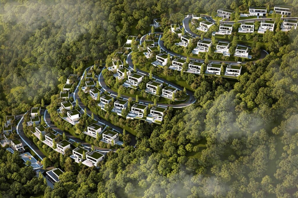 Aerial design visualisation showing Aura Residence houses arranged along winding hillside streets