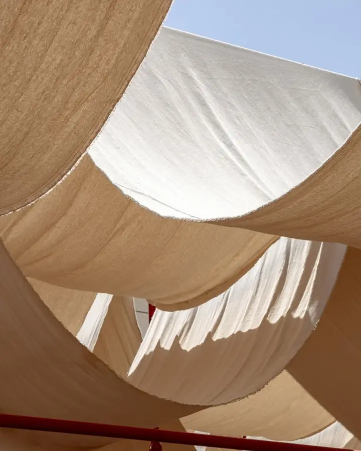 BAG Café in Riyadh, showing the scaffold and fabric intervention; photograph by Dua Photography Studio