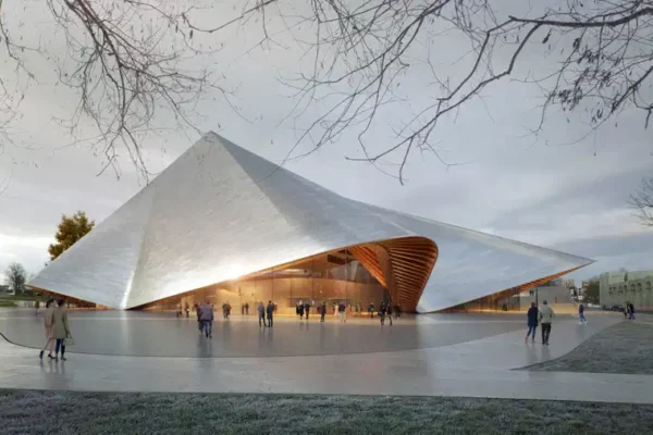 Concept visualisation of Kosovo’s proposed Opera and Ballet Theatre with an undulating roof