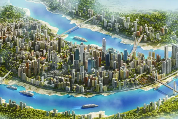 Aerial view of Chongqing’s Yuzhong District reconstructed in Minecraft by Sluda Builds