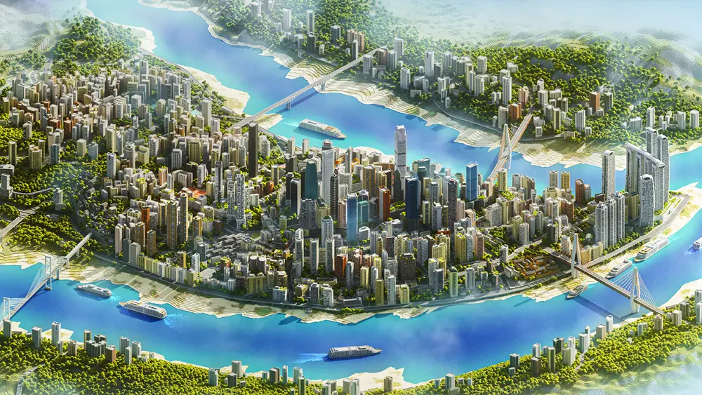 Aerial view of Chongqing’s Yuzhong District reconstructed in Minecraft by Sluda Builds