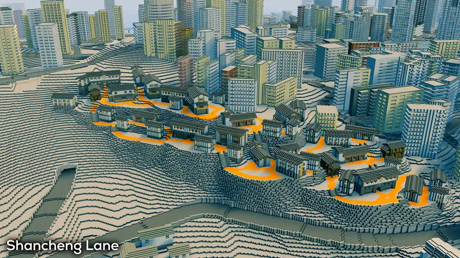 Orange pedestrian routes across the sloping Shancheng Lane model