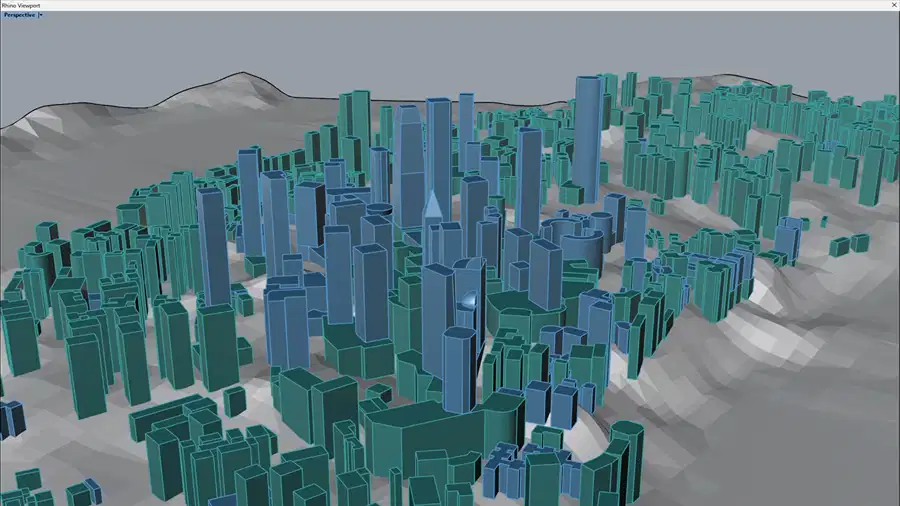 Rhino model of Chongqing’s terrain and building volumes