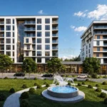 Zambaket architectural rendering of GET Premium Residence in Prizren: garden and commercial frontage