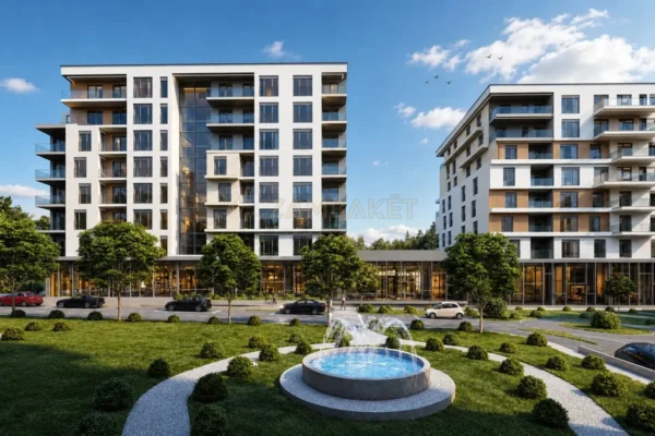 Zambaket architectural rendering of GET Premium Residence in Prizren: garden and commercial frontage