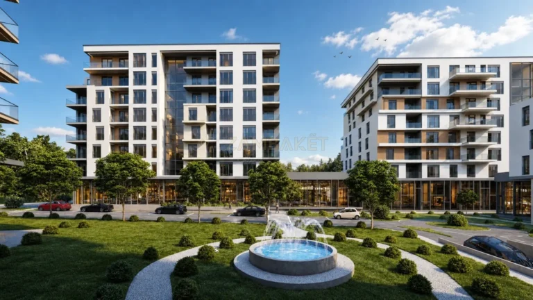 Zambaket architectural rendering of GET Premium Residence in Prizren: garden and commercial frontage