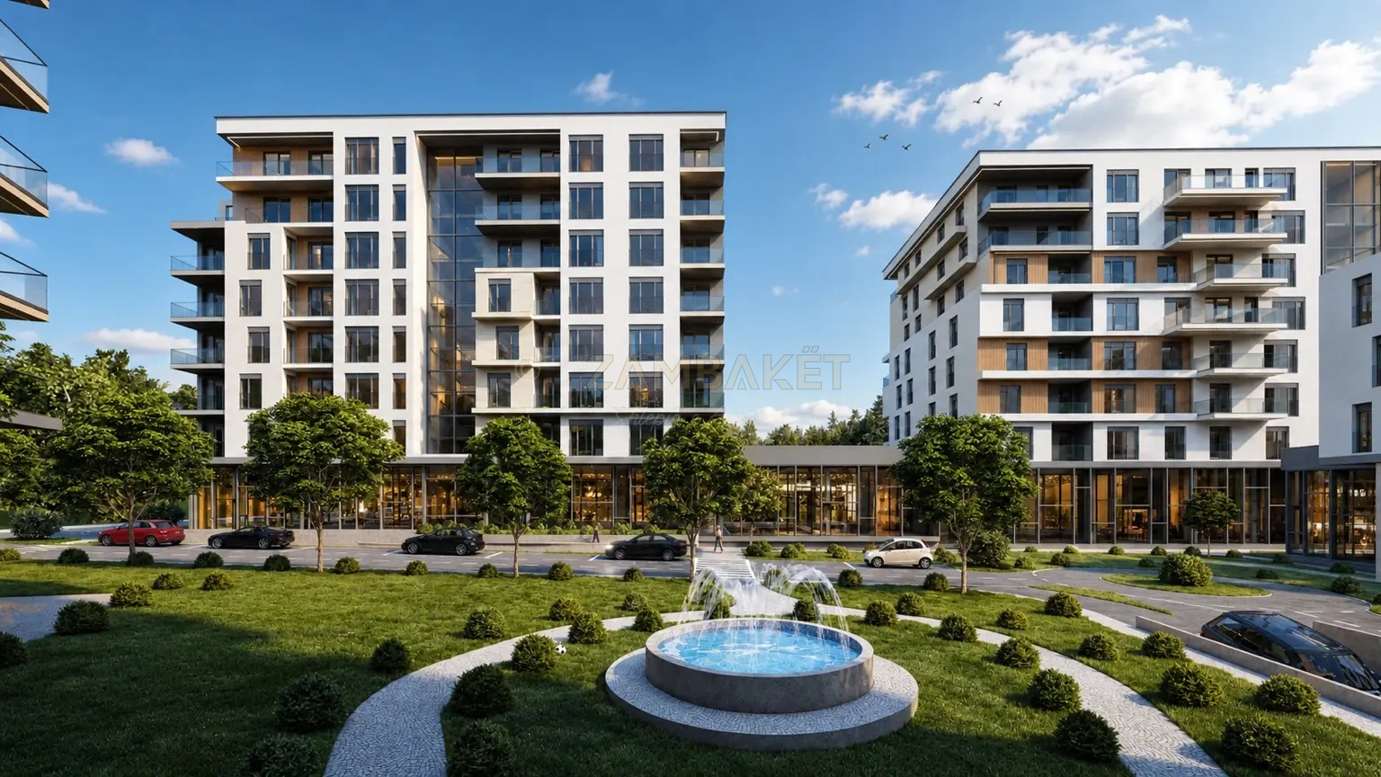 Zambaket architectural rendering of GET Premium Residence in Prizren: garden and commercial frontage