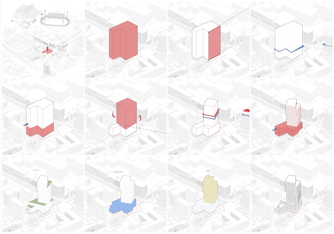 Massing diagram of MODIUM’s Multi-Apartment Tower in Prishtina, Kosovo