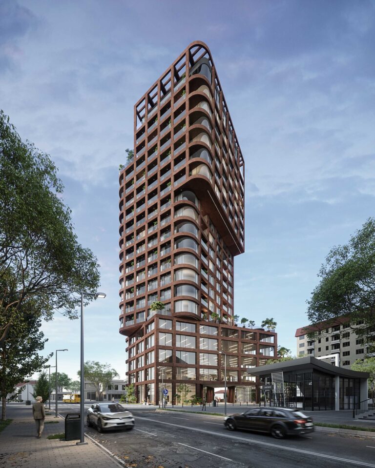 Rendering of MODIUM’s Multi-Apartment Tower in Prishtina, Kosovo; image from MODIUM