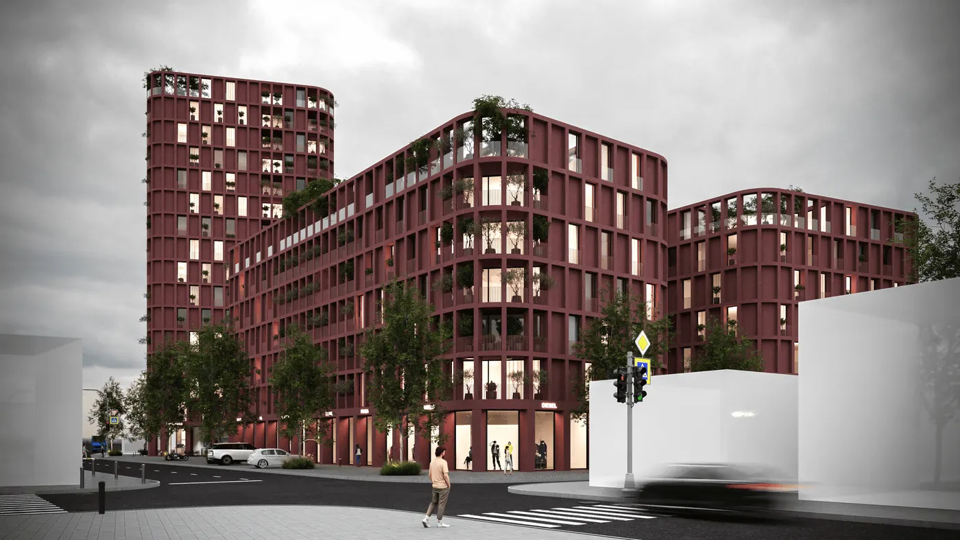 Rendering of NIC Housing's rounded volumes and landscaped spaces