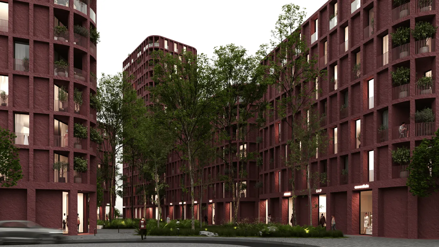 NIC Housing rendering showing the relationship between housing and its central park