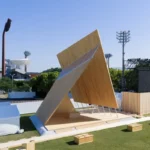 Onodatesho Pavilion by Yano Aoyama, showing its tilted timber roof planes