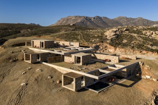 Aerial view of Perma Serifos residences on the rocky slope