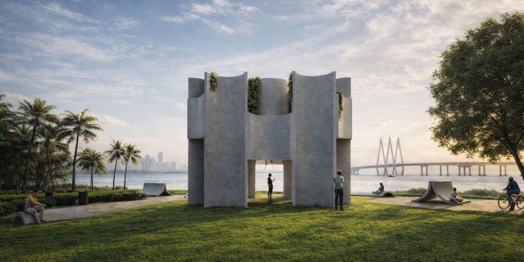 Exterior render of the unbuilt ReConcrete pavilion on Mumbai’s coast