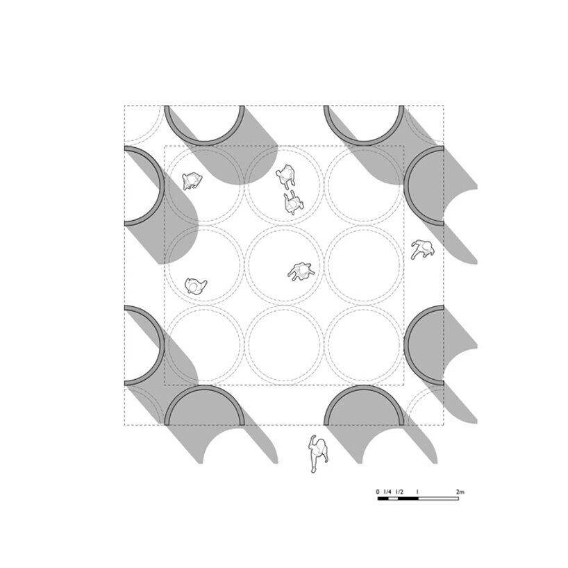 ReConcrete plan with circular modules and openings around the perimeter