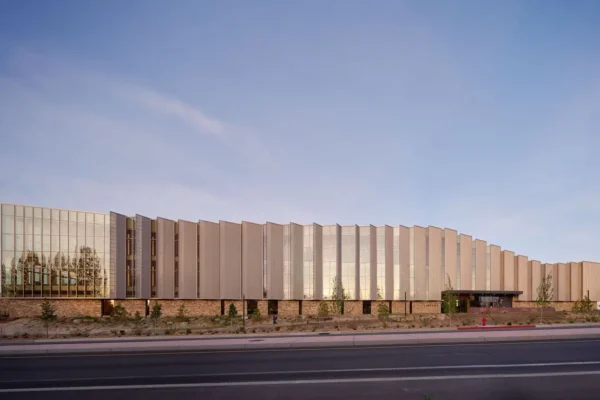 Central Library at Stevens Ranch with a faceted metal facade above a stone base