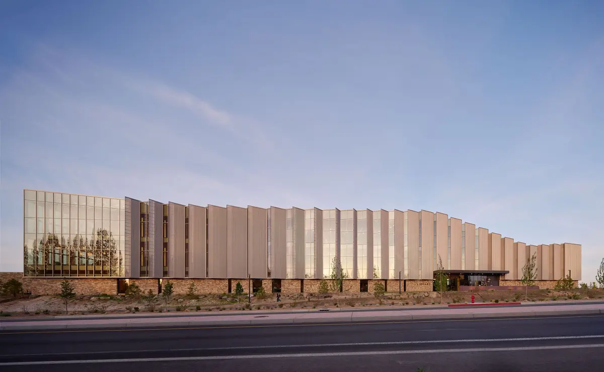 Central Library at Stevens Ranch with a faceted metal facade above a stone base