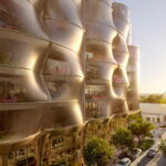 Architectural render of Sweetbird North showing stainless-steel mesh and curved planted terraces