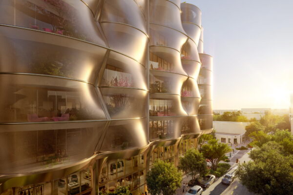 Architectural render of Sweetbird North showing stainless-steel mesh and curved planted terraces