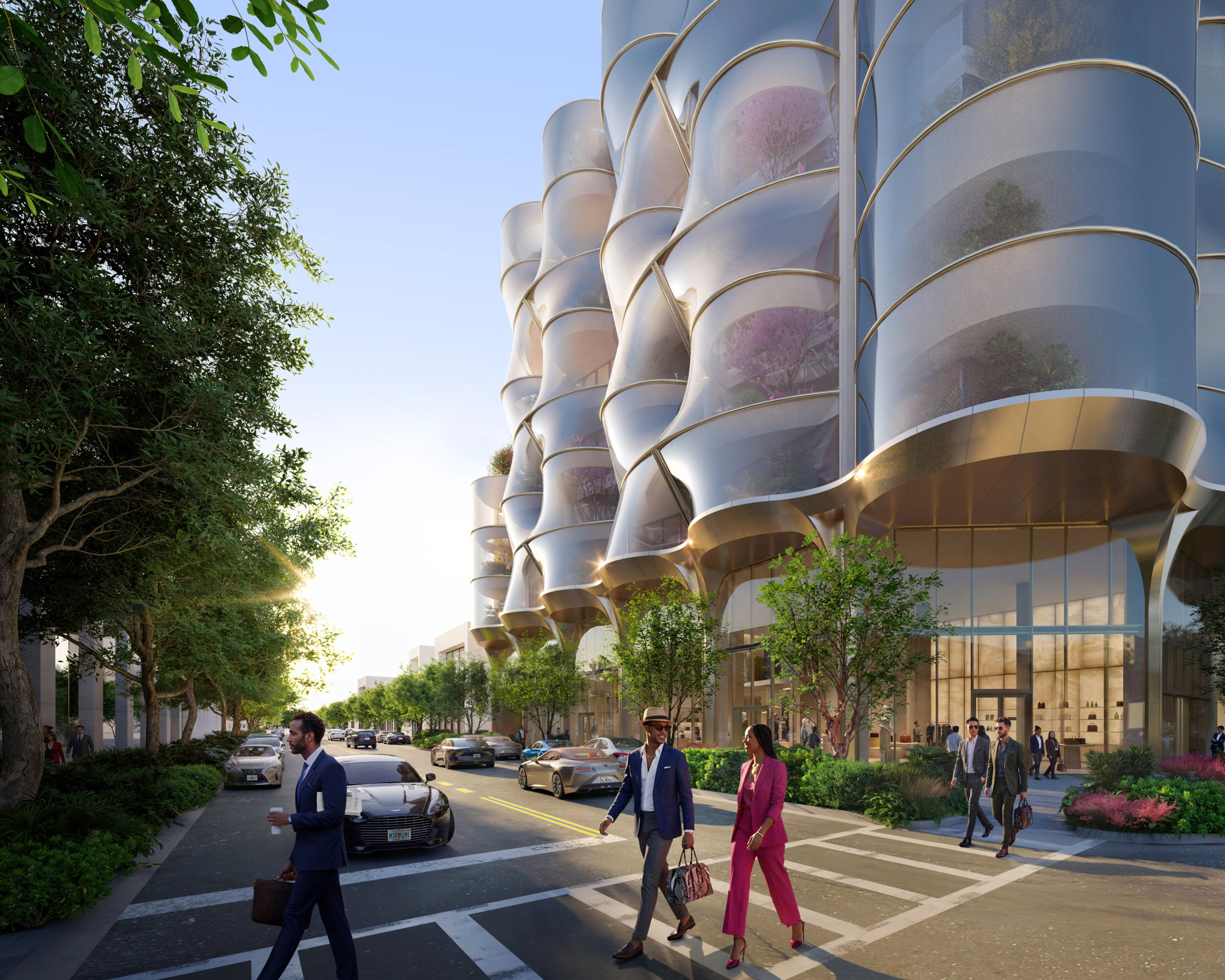 Sweetbird North street frontage with curved terraces and a metal mesh facade