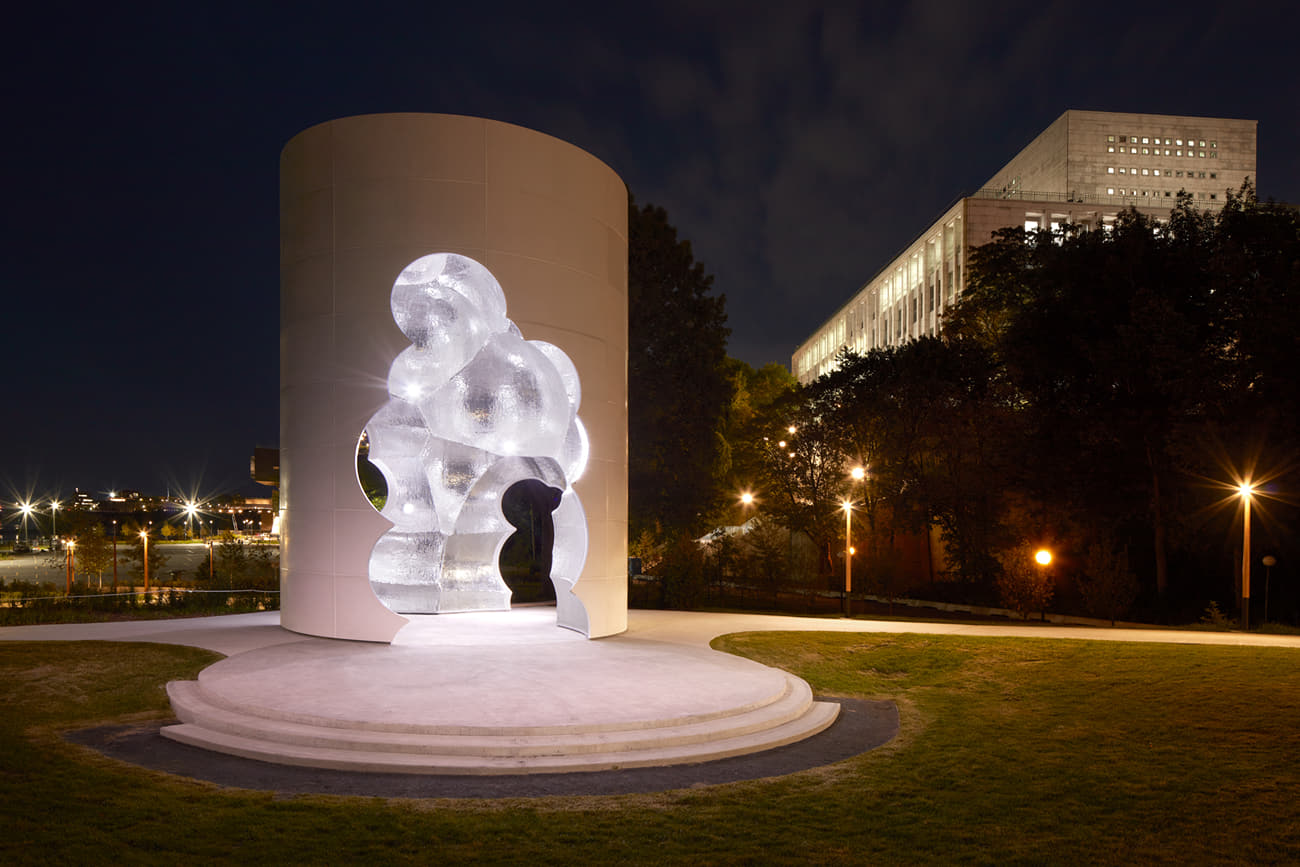 Thunderhead monument illuminated at night