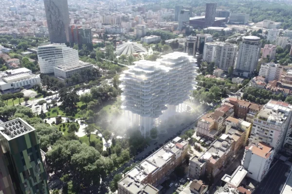 Competition rendering of BIG's elevated Tirana Fountain Tower above Rinia Park