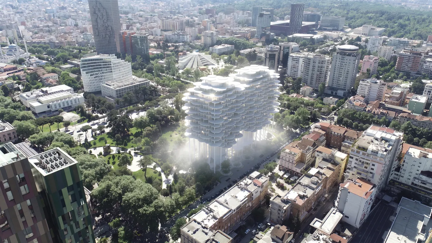 Competition rendering of BIG's elevated Tirana Fountain Tower above Rinia Park