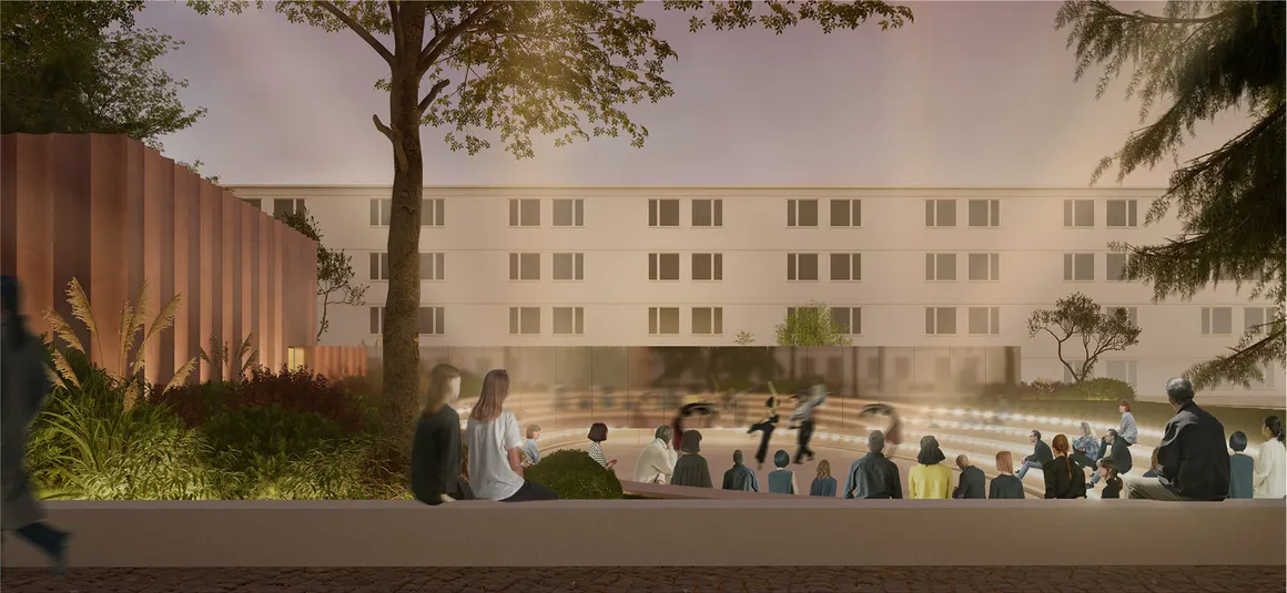 Evening visualization of Trace's sunken amphitheatre, with stepped seating, trees, and cultural pavilion in Peja