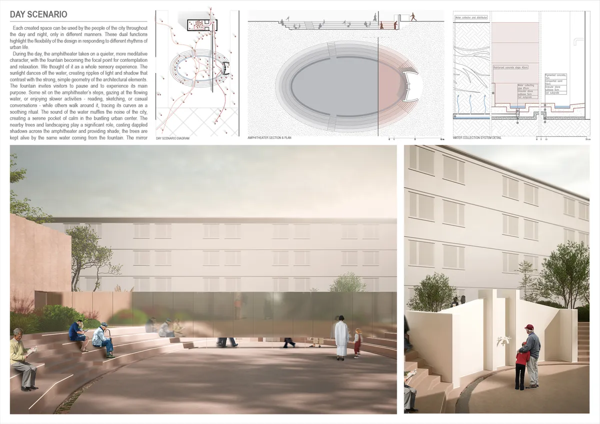 Daytime amphitheatre plan and section with visualizations of the mirrored wall and historic fountain