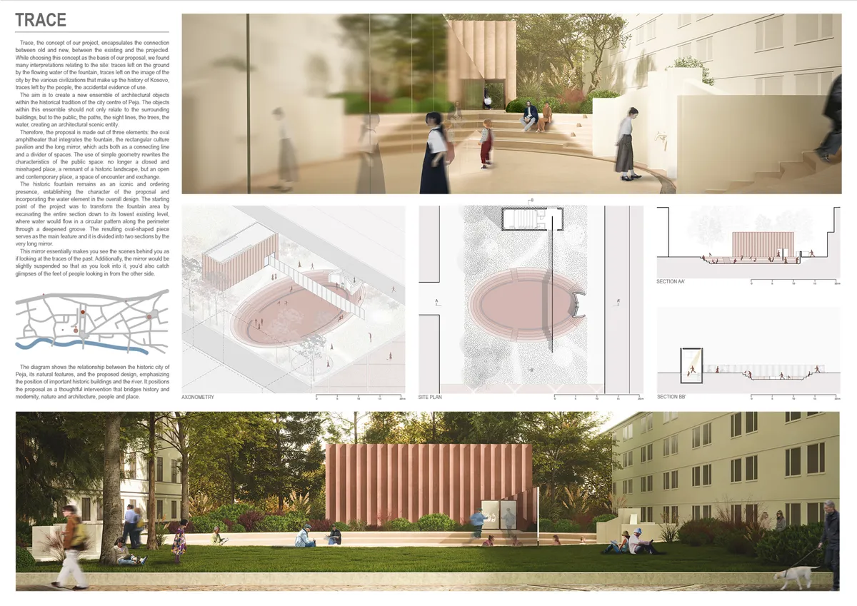 Trace site plan, architectural sections, and renderings of the pavilion and amphitheatre