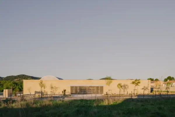 Low stone enclosure and sculptural roof volumes at Tectoniques’ cultural centre