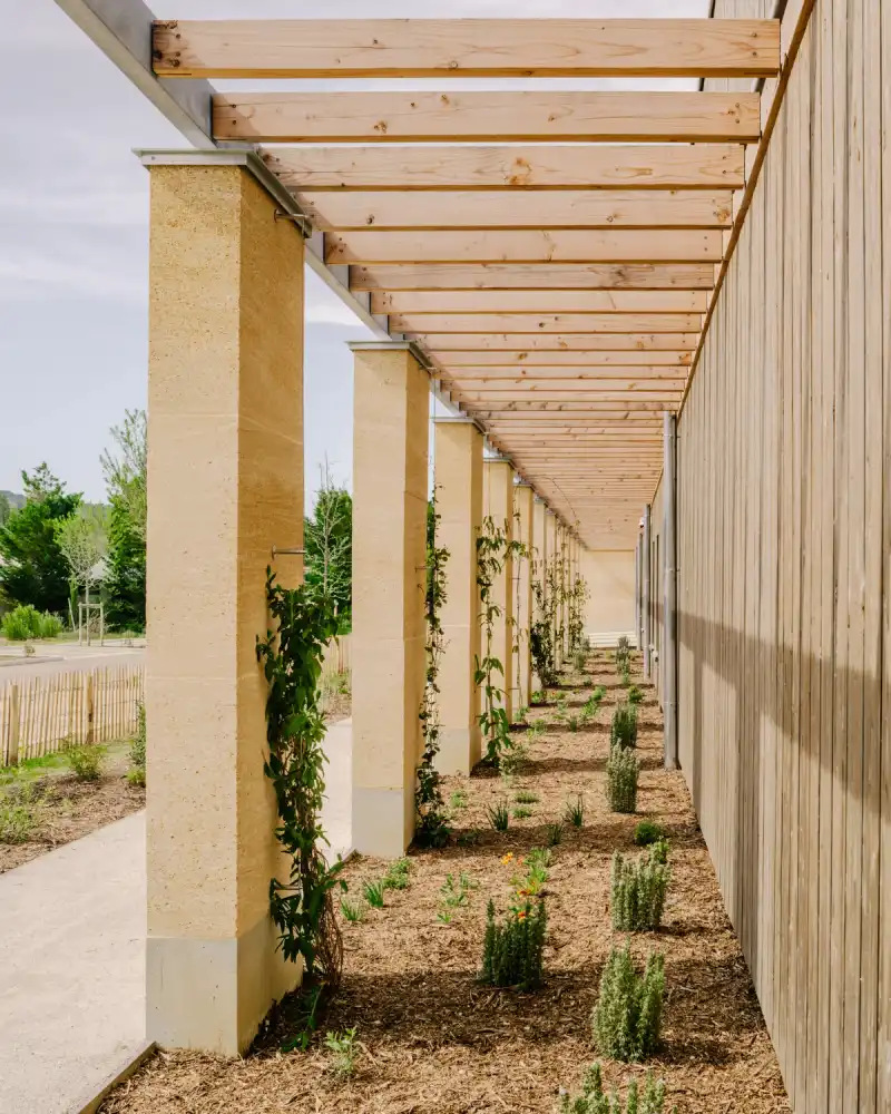 Timber pergola beside stone columns and a planted walkway