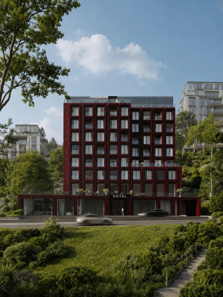 eightoeight Gives an Unfinished Prishtina Hotel a Burgundy Frame